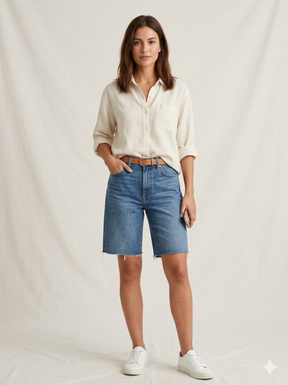 Garage Denim High Waisted Denim Bermuda Shorts Frayed Raw Hem Medium Wash Jorts